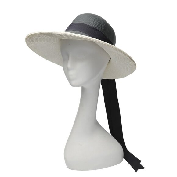Vintage Filene's Wide Brim Straw Sun Hat Black White Grosgrain Ribbon Bow - Picture 1 of 10